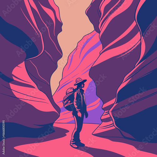 Lone hiker wearing a hat and backpack explores a vibrant slot canyon with colorful rock formations