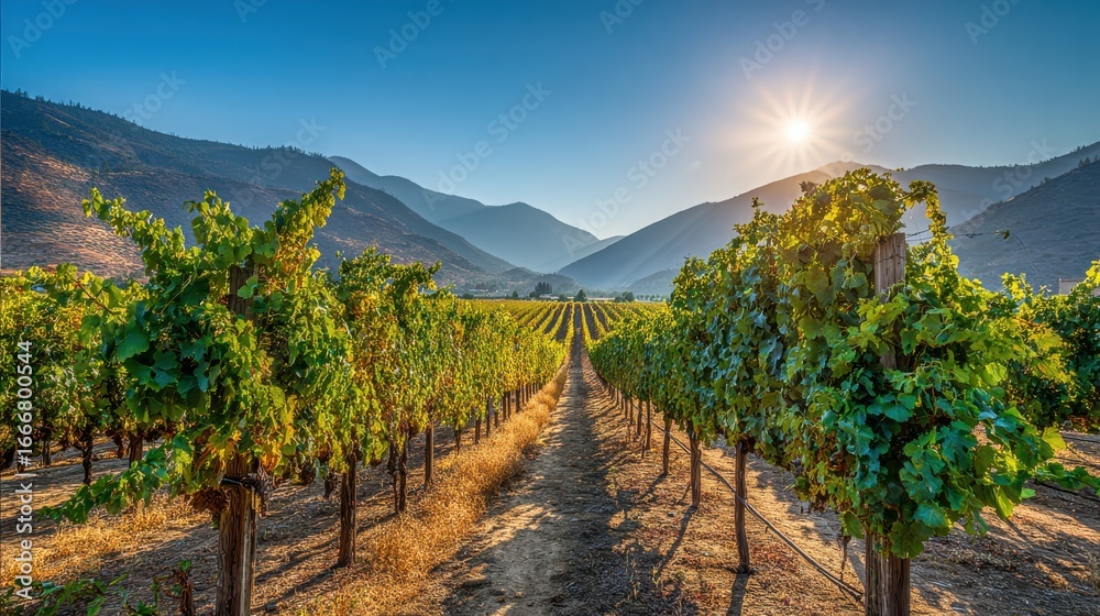 Naklejka premium Rows of Grapevines in Vineyard with Distant Mountains