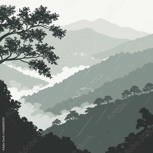 Misty mountain landscape with gentle rain falling through lush greenery and trees