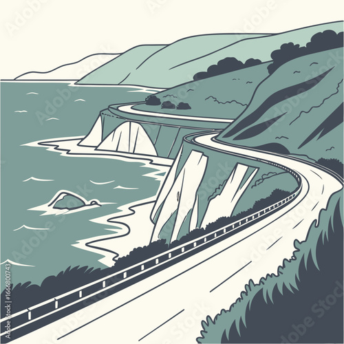 Scenic winding coastal highway curves along dramatic cliffs beside the ocean