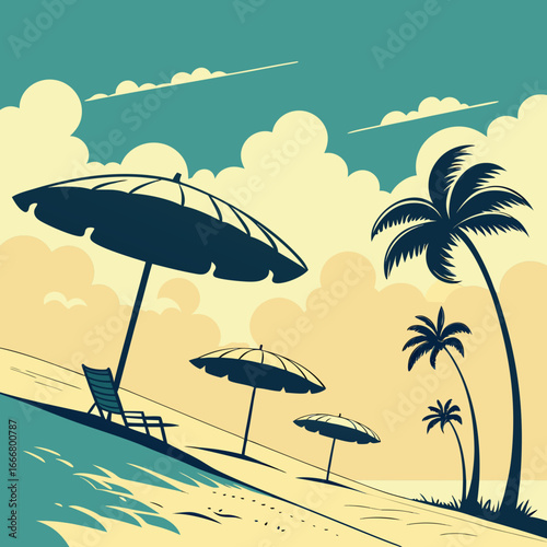 Serene beach scene with palm trees and umbrellas under a cloudy sky