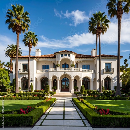 Luxurious Mediterranean-style mansion with manicured landscaping.