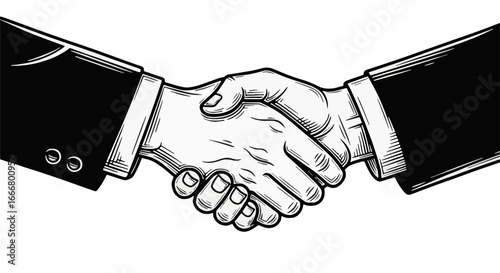 Classic Business Handshake Illustration for Agreement, Partnership, Trust, and Success. Monochrome Vector Graphic.
