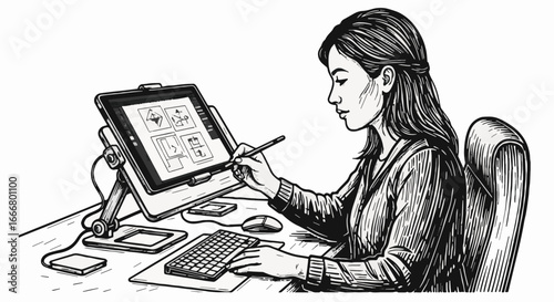 Focused woman graphic designer drawing on a digital pen display tablet at a desk, creating illustrations or designs with a stylus pen.