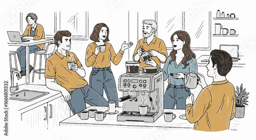Illustration of diverse colleagues enjoying a coffee break in an office kitchen. People talking, making coffee with an espresso machine.