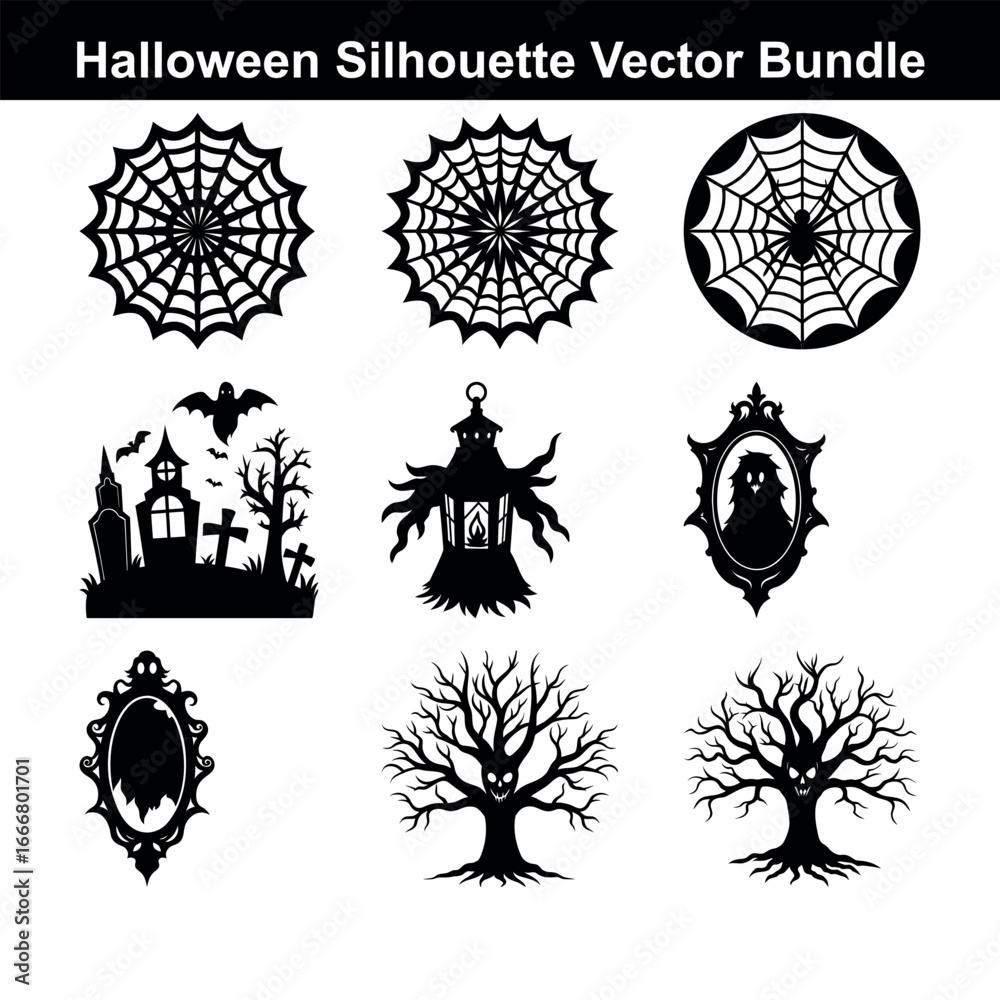 Fototapeta premium Halloween Silhouette Vector Bundle featuring Spiderwebs Cemetery Lanterns and Spooky Trees for Festive Designs