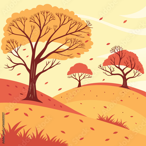 Stylized autumn landscape with rolling hills and trees shedding leaves in warm orange and red tones