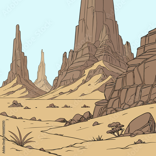 Stylized desert landscape with towering sandstone mesas and sparse vegetation under a clear blue sky