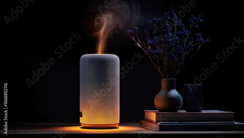 Gray cylinder speaker glows softly, lit by warm light, with smoke rising