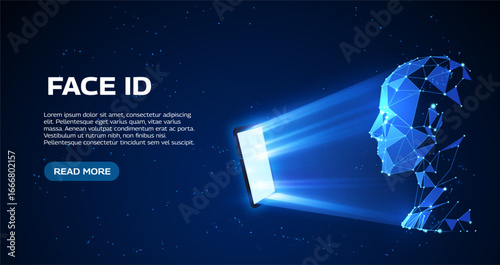 Fotografía Face ID landing page vector design, smartphone scans a person's face, forming a