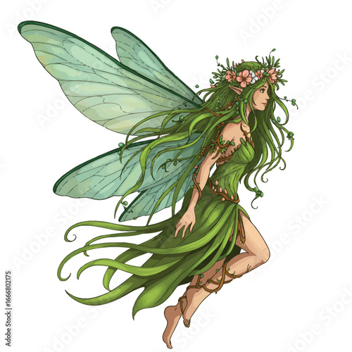 A beautiful green nature fairy with long flowing hair a flower crown and delicate translucent wings.