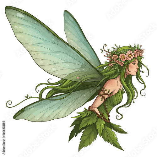 A beautiful nature fairy with long green hair a pink flower crown and large delicate translucent green wings.
