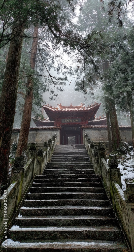Obraz premium Snowy steps leading to a temple in a misty forest