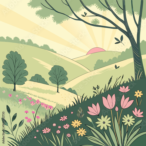 Stylized illustration of rolling green hills with a rising sun and blooming wildflowers in a charming landscape