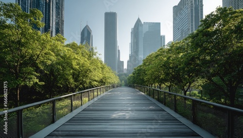 Urban park walkway, sunlit, city backdrop