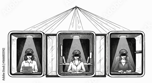 People in individual work pods connected by technology. Illustration of remote work, virtual reality, and modern isolated office.