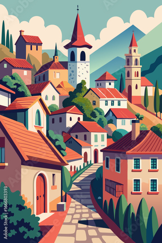 Charming European village with red rooftops nestled in a vibrant valley, evoking travel, tourism, and peaceful living