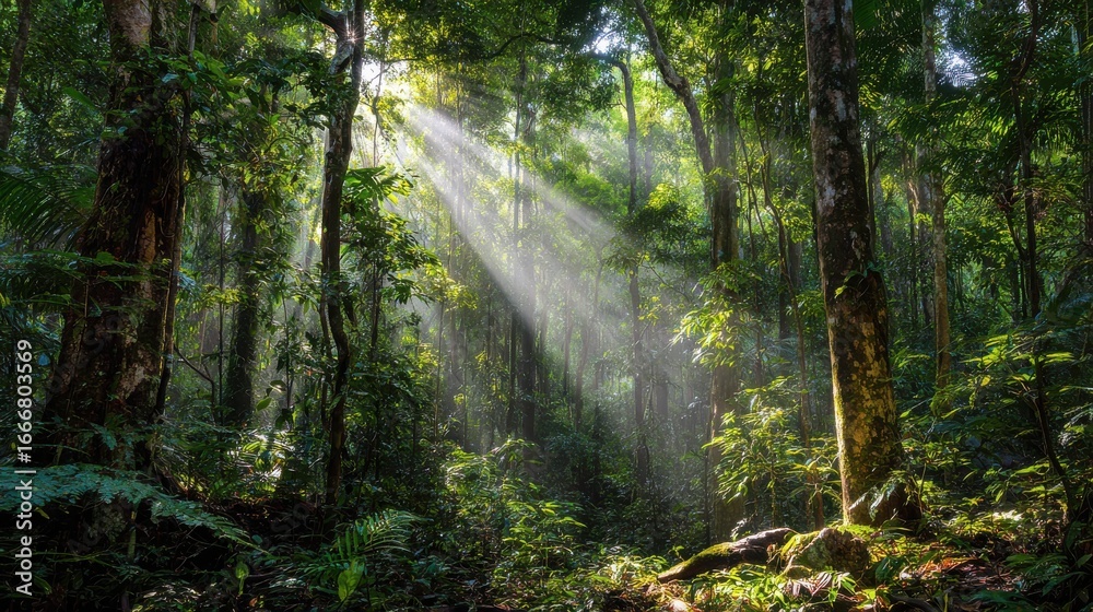 Obraz premium Sunlight Through Tree Canopy in Dense Forest