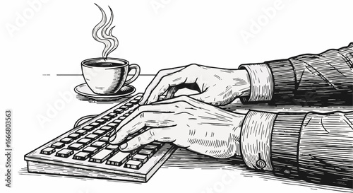 Detailed black and white illustration of hands typing on a computer keyboard with a steaming coffee cup, representing work, writing, and digital communication.