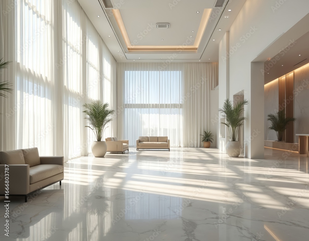 Fototapeta premium Modern bright spacious lobby interior with sunlight streaming through large windows, illuminating white marble floors. Features minimalist furniture including sofas, potted plants, creating calm,
