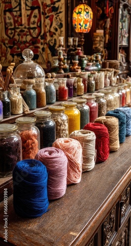 Colorful jars and spools of thread on a wooden counter