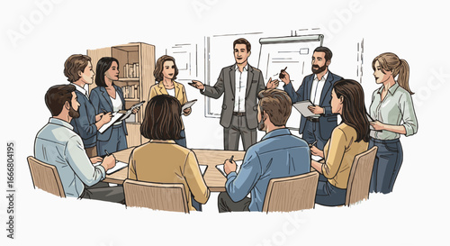 Business meeting with diverse professionals collaborating and discussing strategy in an office environment, presentation and teamwork illustration