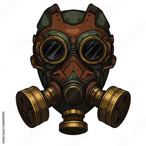 A detailed illustration of a rusty weathered steampunk gas mask with dual bronze filters and dark goggles.