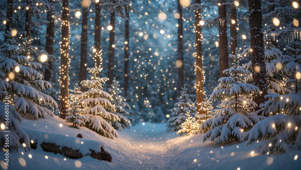 Fototapeta premium Christmas winter forest path with snow-covered trees and glowing holiday lights, magical bokeh atmosphere at dusk