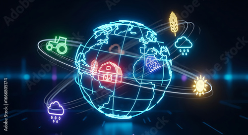 Digital globe with icons representing various industries and environmental factors