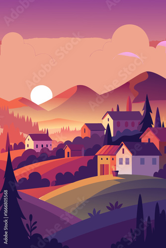 Vibrant sunset over a peaceful village nestled among rolling hills, creating a warm and inviting atmosphere