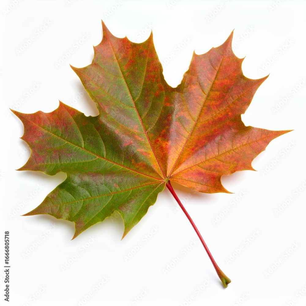 Fototapeta premium Vibrant transition maple leaf showcasing autumnal colors, capturing seasonal shift on white background