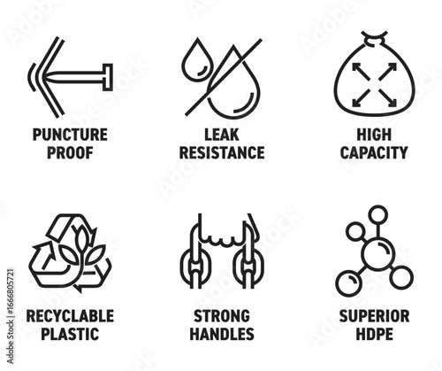 Plastic pack properties - HDPE, Strong handles, Recyclable. High capacity, Leak resistance, Puncture proof