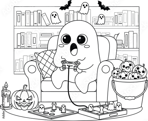 Cute halloween coloring page with ghost playing video games at home fun
