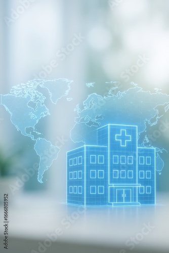 healthcare marketing hospital global concept. Hospital blueprint with a world map background.