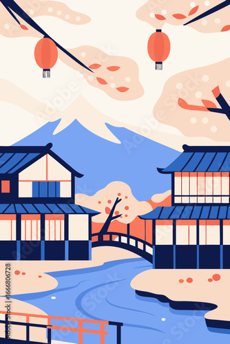 Japanese landscape illustration with traditional buildings, lanterns, and a serene river scene, perfect for travel and cultural projects