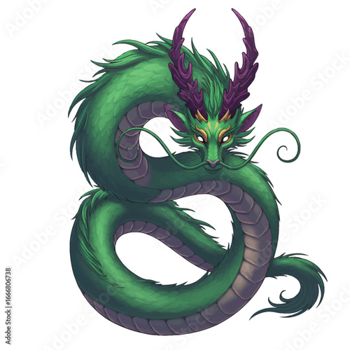 A majestic green Chinese dragon with purple horns and glowing eyes coiled in a serpentine Sshape.