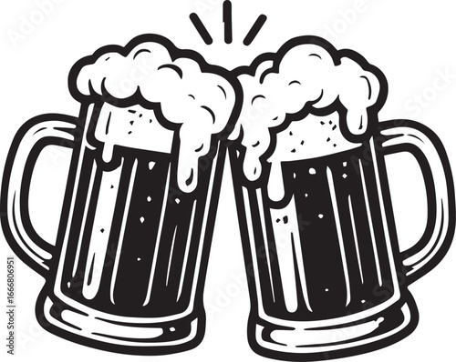 Two beer mugs clinking with foam in black silhouette