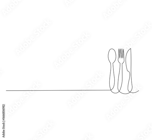 Continuous Single Line Drawing of spoon, fork and knife, Minimalist Monoline Cutlery Illustration, Simple Contour Vector of Kitchen Utensils on White Background for Dining, Cafe and Restaurant Design