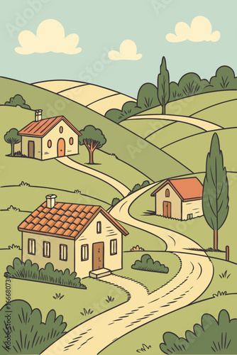 Charming countryside homes nestled among rolling hills, evoking feelings of tranquility and peaceful rural living, perfect for travel and lifestyle designs