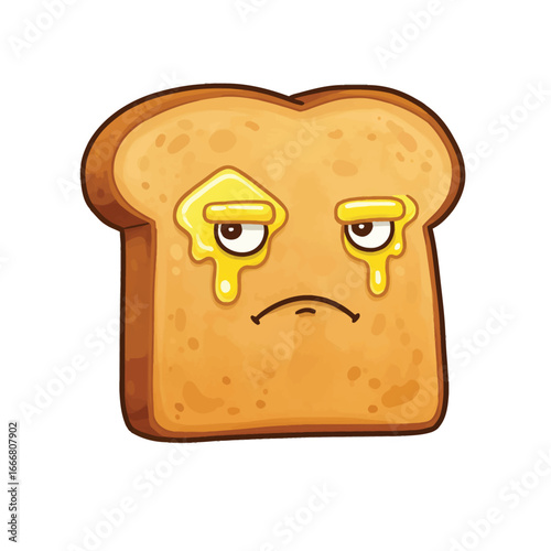 A sad cartoon slice of toast with melting butter for eyes and a frowning face.