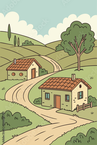 Charming countryside scene with quaint homes and winding roads, evoking a sense of peace, tranquility, and idyllic rural living.