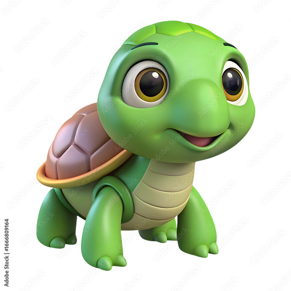 Fototapeta premium Adorable cartoonish green turtle with big expressive eyes full body studio shot