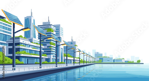 A modern, eco-friendly cityscape with solar-powered streetlights and lush greenery lining a waterfront promenade, showcasing sustainable urban development.