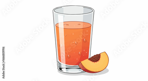Glass of peach juice with slice of peach beside it  