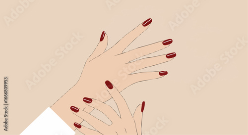 Elegant hands with red nails in a minimalist aesthetic background  