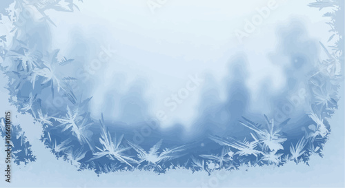 Frosty window with delicate ice patterns creating a winter scene  