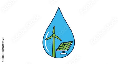 Water drop encompassing renewable energy sources: wind turbine and solar panel.