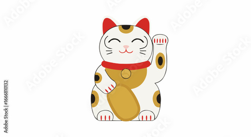 Maneki-neko cat figurine waving with a happy expression on white background  