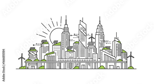 Line art illustration of a modern cityscape with skyscrapers, solar panels, wind turbines, and green spaces under a rising sun, representing sustainable urban development.