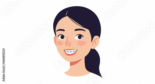 Young girl smiling with braces and long dark hair in illustration  